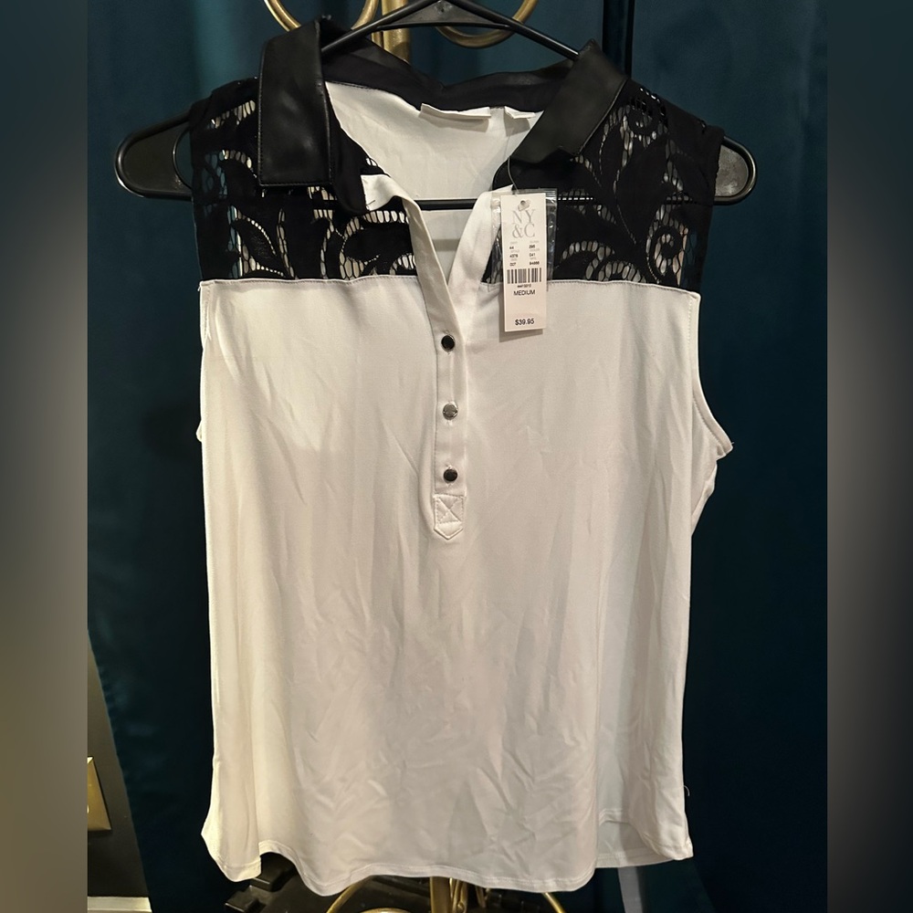 New York & Company Stretch woman’s top white with black sheer lace. Size medium
